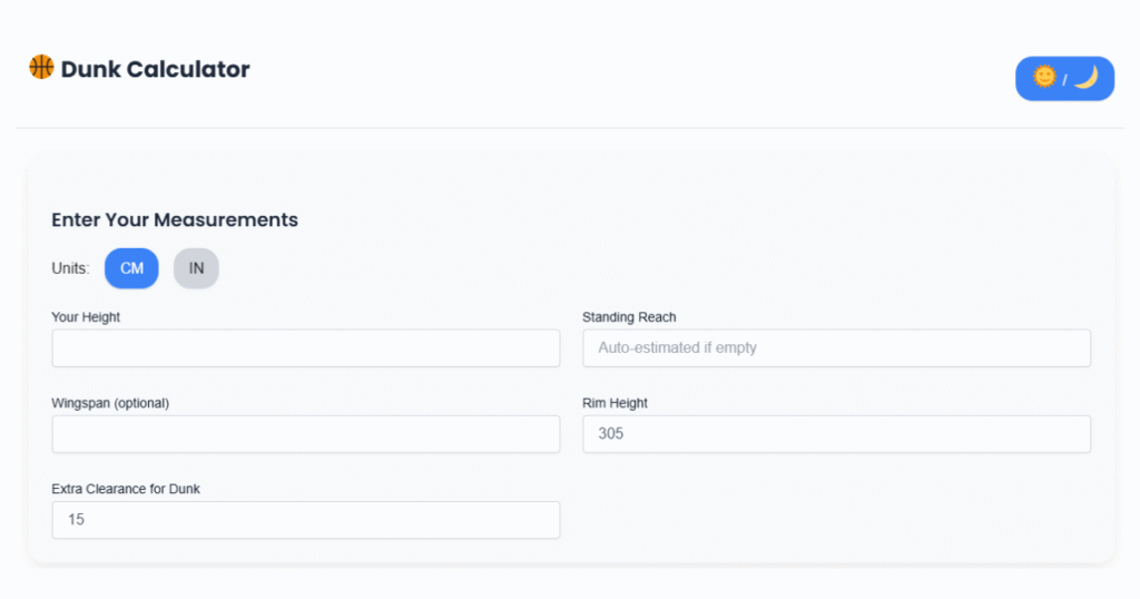 Basketball player jumping towards the hoop while measuring vertical jump for dunk calculator